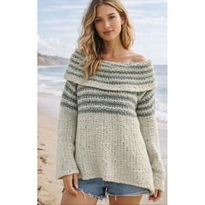 Free People Chunky Knit Sweater Womens Size M Sage Cream Cowl Neck Off Shoulder